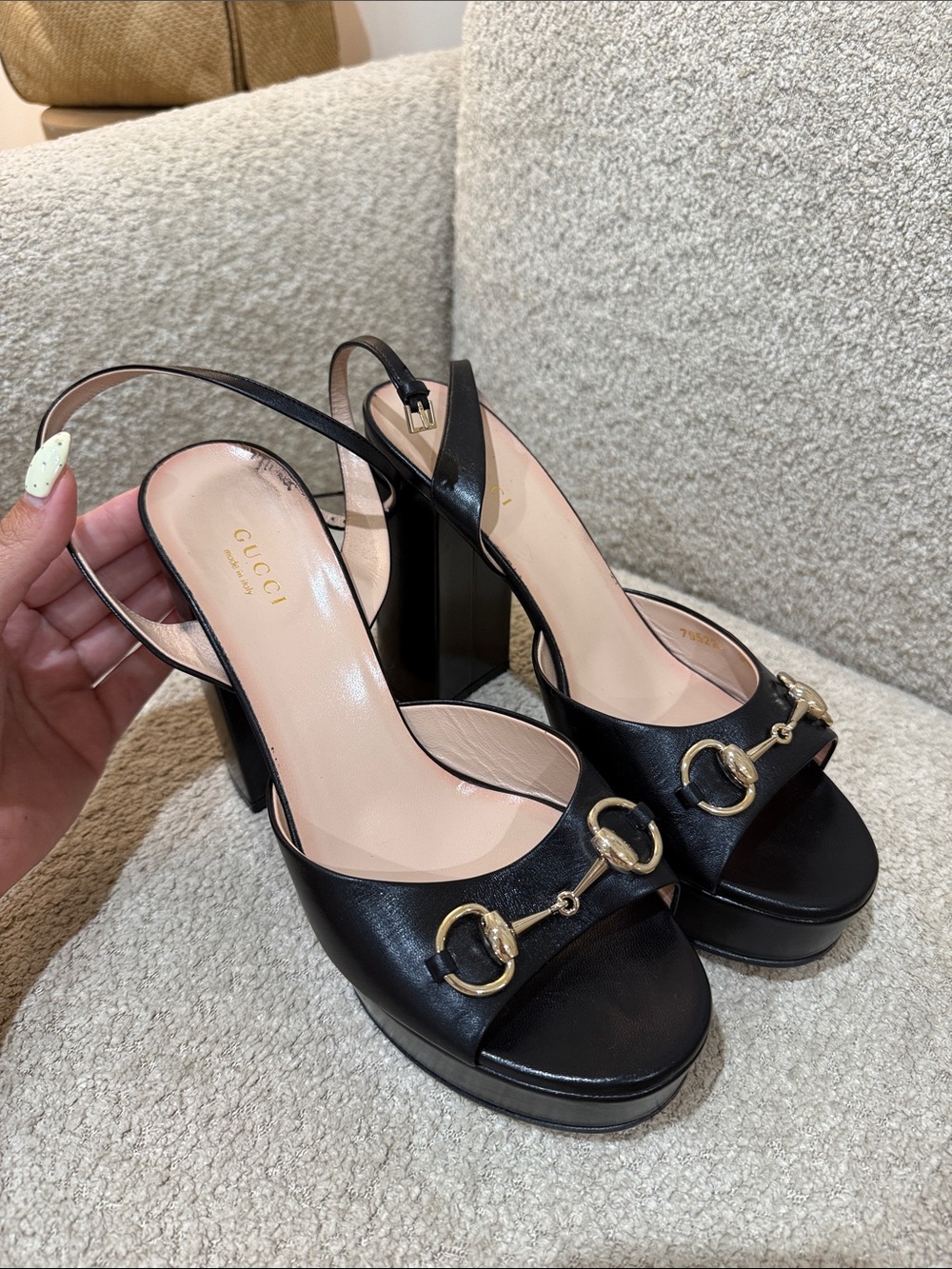 Gucci Black Leather Platform Slingback Sandals with Gold Horsebit - Picture 2 of 5